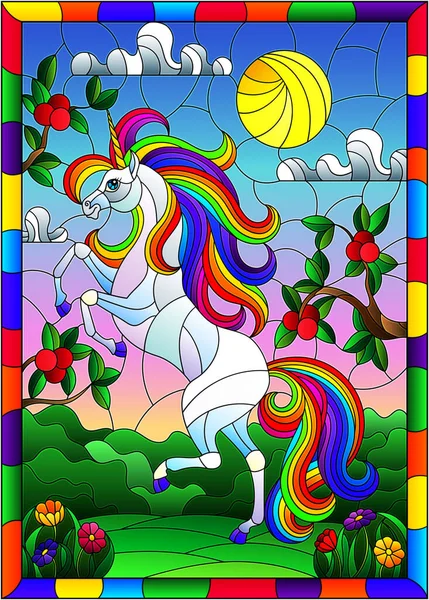在彩色玻璃样式的例证与明亮的独角兽在苹果树的背景 多云的天空和太阳 在明亮的框架 — 图库矢量图片