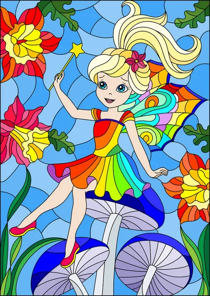 Illustration Glasmalerei Mit Niedlichen Cartoon Fee Einem Hellen Regenbogenkleid Auf — Stockvektor