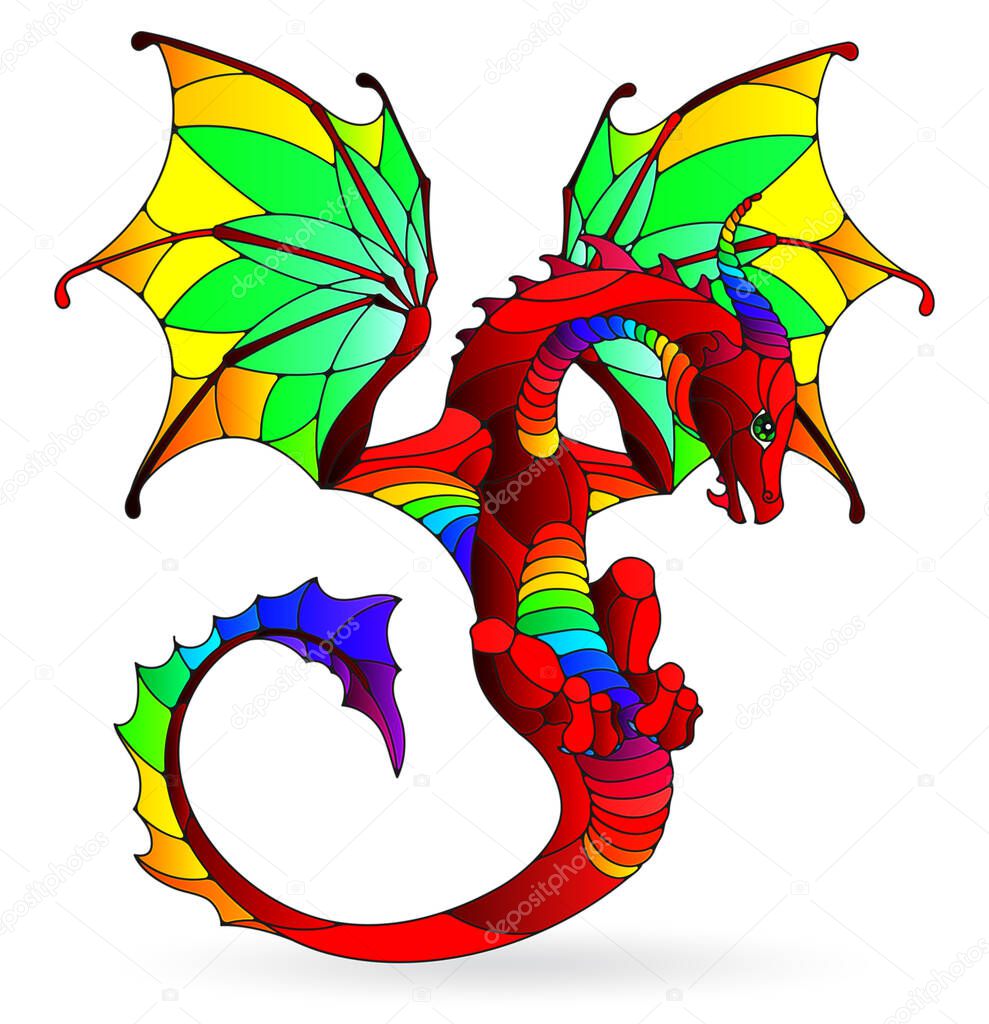 Stained glass illustration with a bright red winged dragon, figure isolated on a white background