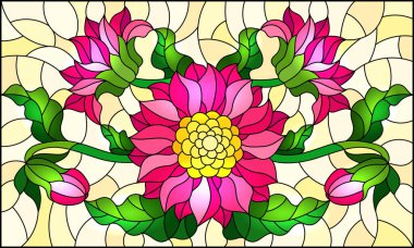 Sarı arkaplanda pembe bir buket çiçekle boyalı cam bir resim.