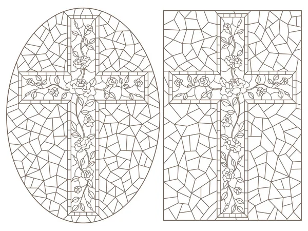 镶有玫瑰的基督教十字架的彩色玻璃窗的轮廓插图 白色背景上的深色轮廓 — 图库矢量图片