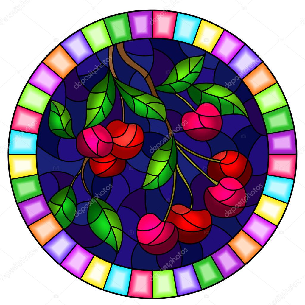 Illustration in the style with the branches of cherry  tree , the  branches, leaves and berries against the sky, oval image in bright frame