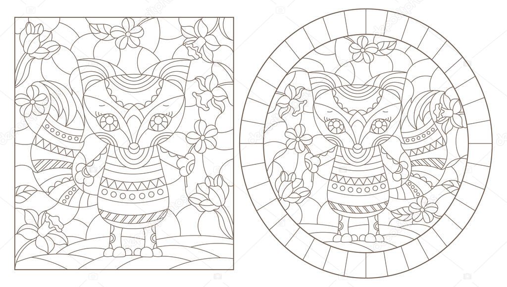 Set of contour illustrations of stained glass Windows with funny cartoon raccoones and flowers, dark outlines on a white background