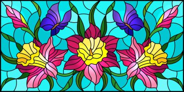 Mavi arka planda pembe nergis buketi ve mor kelebek desenli vitraylı bir resim.