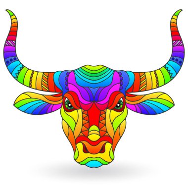 Beyaz arka planda izole edilmiş, parlak soyut bir boğanın kafasıyla boyalı cam bir resim.