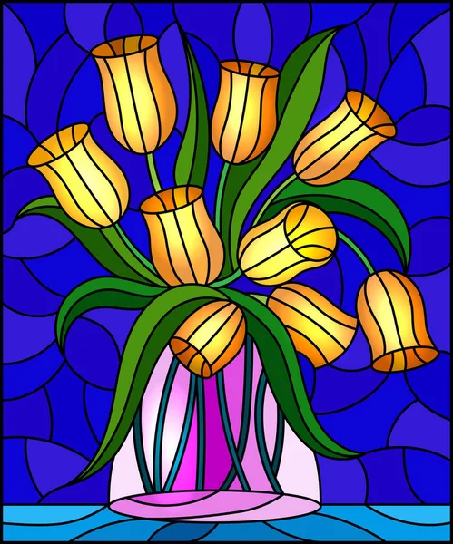 Ilustracja Witrażu Martwą Naturą Bukiet Żółtych Tulipanów Szklanym Słoiku Niebieskim — Wektor stockowy