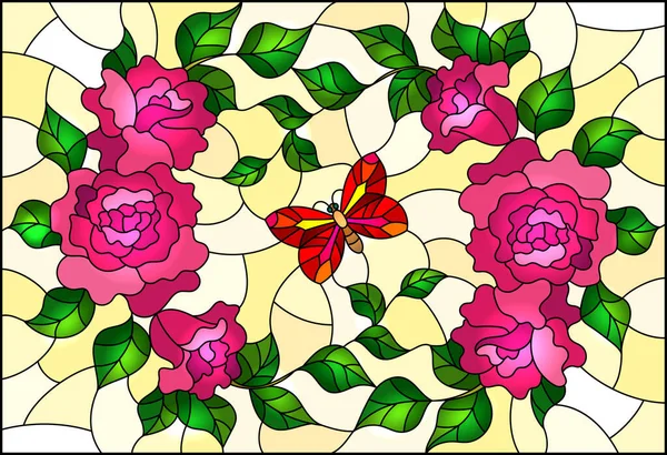 Ilustración Estilo Vitral Con Flores Rosadas Hojas Rosa Mariposa Roja — Archivo Imágenes Vectoriales