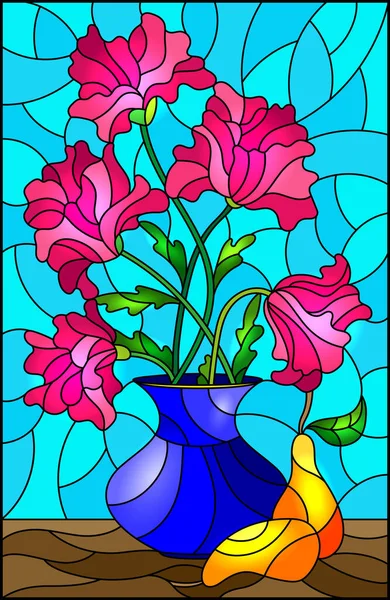 Иллюстрация Витражном Стиле Букетами Розовых Маковых Цветов Синей Вазе Груш — стоковый вектор