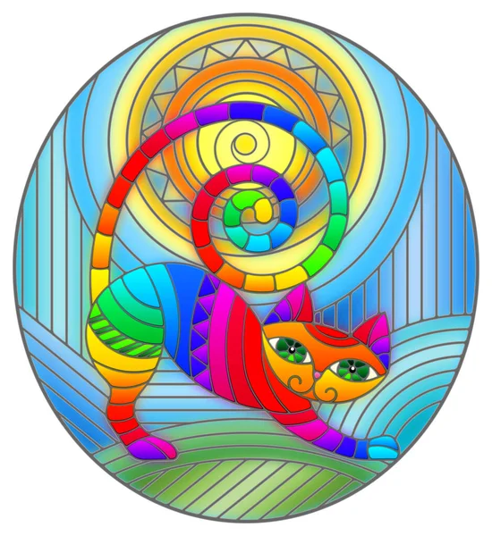 抽象的な幾何学的な猫と抽象的な青の背景に太陽とステンドグラスのスタイルでイラスト 楕円形の画像 — ストックベクタ