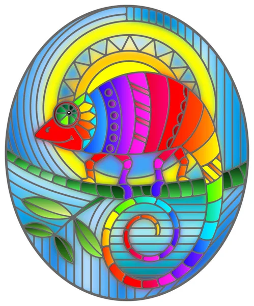 Illustration Färgad Glasstil Med Abstrakt Geometrisk Regnbågskameleont Oval Bild — Stock vektor