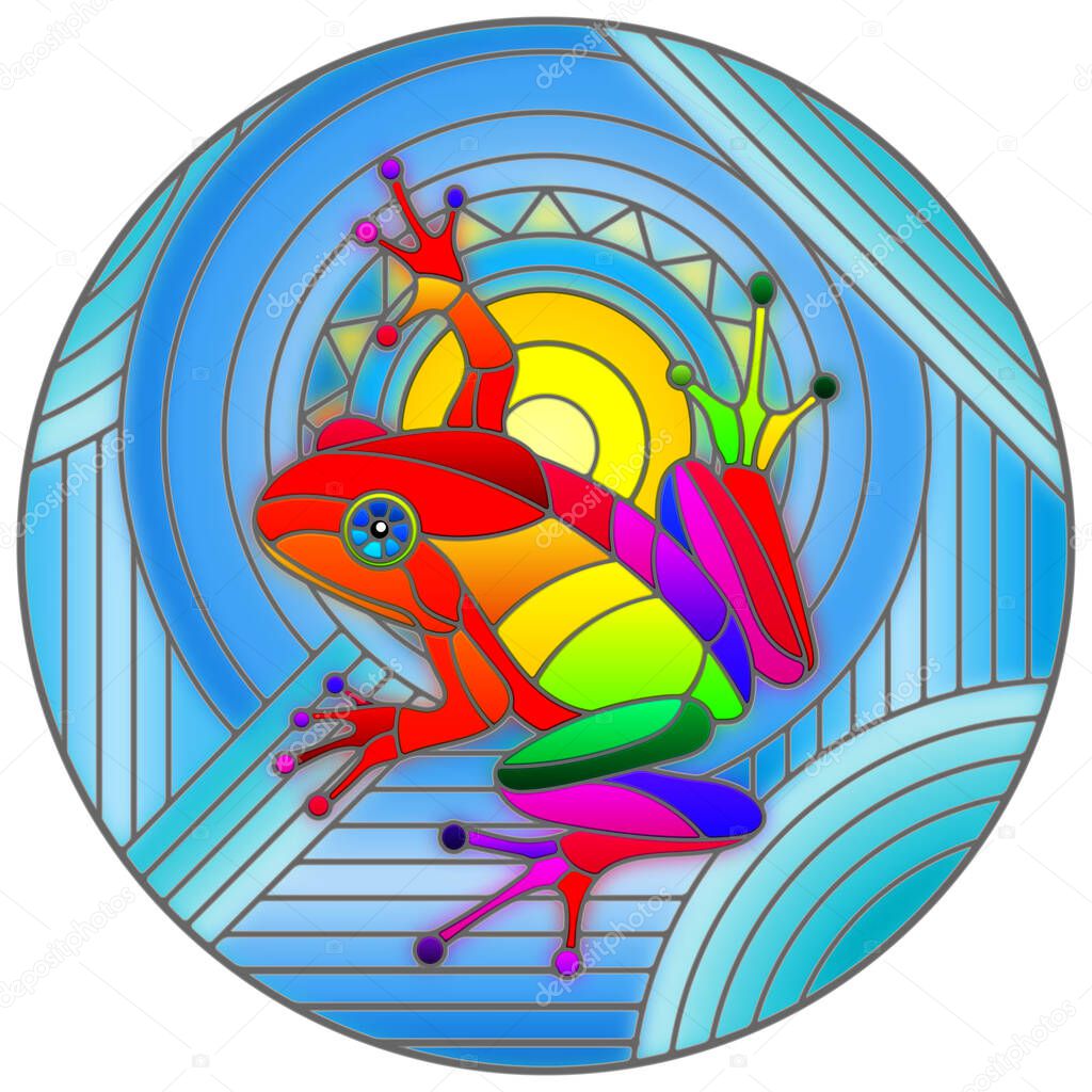 Illustration in stained glass style with abstract rainbow frog on geometric blue background with sun, round image