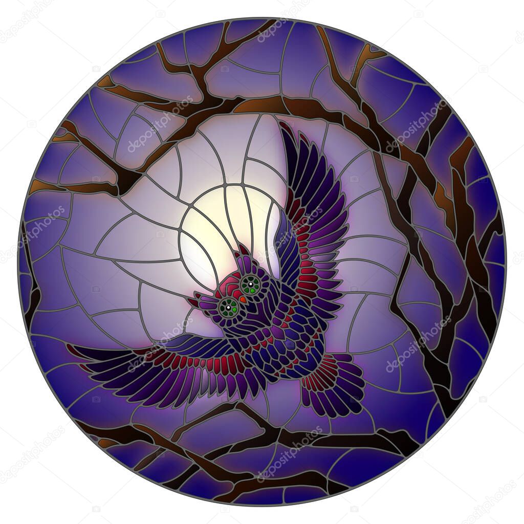 The illustration in stained glass style painting with the fabulous purple owl in the day sky and sun in between the branches of the tree, round image