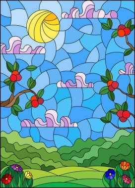 Yaz manzaralı boyalı bir resim. Elma ağacı dalları, güneşli gökyüzü, bulutlar ve çiçekler.