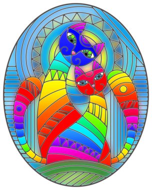 Bir çift soyut geometrik gökkuşağı kedisinin mavi arka planda güneşli, oval resimli, boyalı cam tarzı bir resim.