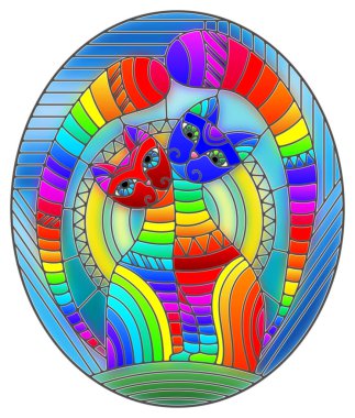 Bir çift soyut geometrik gökkuşağı kedisinin mavi arka planda güneşli, oval resimli, boyalı cam tarzı bir resim.