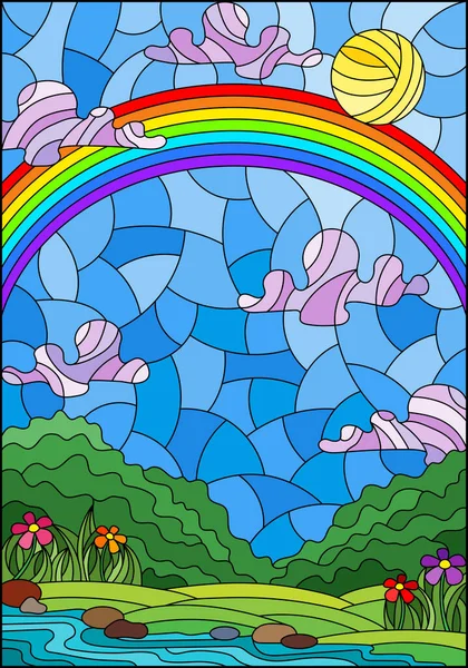 Ilustración Estilo Vidriera Con Paisaje Veraniego Arco Iris Contra Cielo — Archivo Imágenes Vectoriales