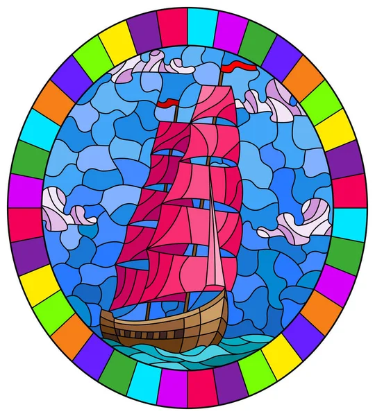 Ilustración Estilo Vitral Con Viejo Barco Navegando Con Velas Rosadas — Vector de stock