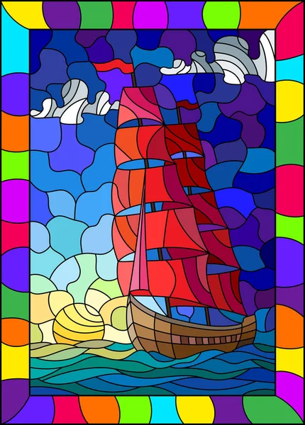 Illustration Glasmalereistil Mit Einem Alten Schiff Das Mit Roten Segeln — Stockvektor