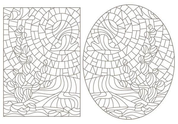 언덕의 풍경에 선인장 스테인드 글라스의 등고선 — 스톡 벡터