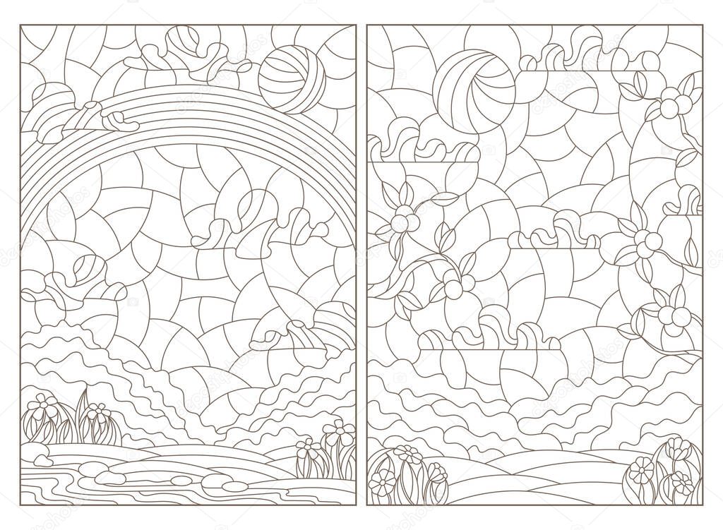 Set of contour illustrations of stained glass Windows with summer landscapes, dark outlines on a white background