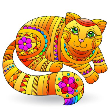 Beyaz arka planda izole edilmiş soyut kırmızı bir kedi ile renklendirilmiş cam tarzı bir resim