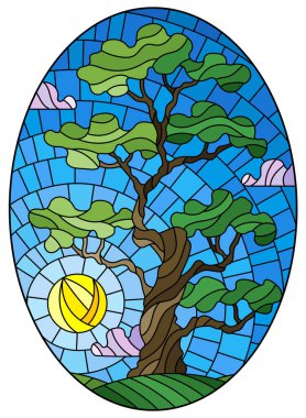 Gökyüzü zemininde yeşil ağaç ve güneş, oval resim