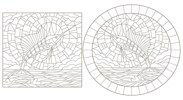 海の背景 空と太陽の魚の帆船とステンドグラスの輪郭線のイラストを設定します — ストックベクタ