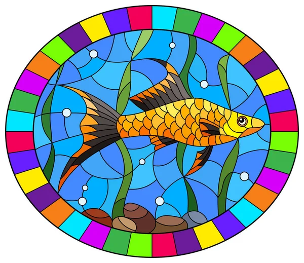 Иллюстрация Витражном Стиле Рыбы Меча Фоне Водорослей Воды Овальное Изображение — стоковый вектор