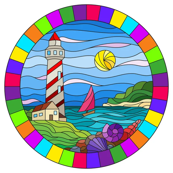 Illustration Stained Glass Style Seascape Lighthouse Sailboat Background Sea Sunny — Stock Vector