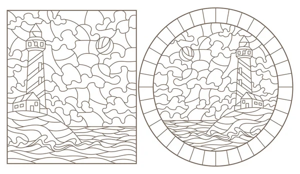 Conjunto Ilustraciones Contorno Vidrieras Con Paisajes Marinos Faros Sobre Fondo — Vector de stock