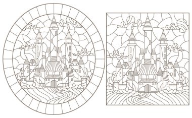 Eski şatolara sahip mozaik camlar, beyaz arka planda koyu renk çizgiler.