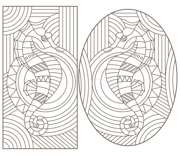 Conjunto Ilustrações Contorno Vitrais Janelas Com Cavalos Marinhos Contornos Escuros — Vetor de Stock