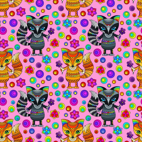 Seamless Pattern Cute Cartoon Foxes Raccoons Flowers Bright Animals Pink — Stock Vector