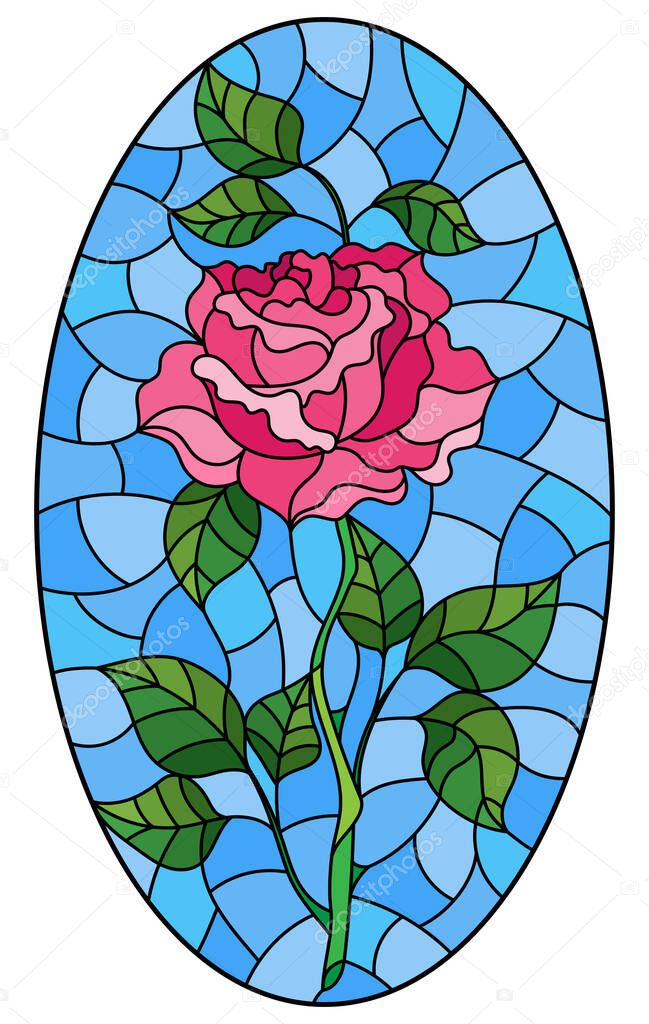 Illustration in stained glass style flower of red rose on a blue background, oval image