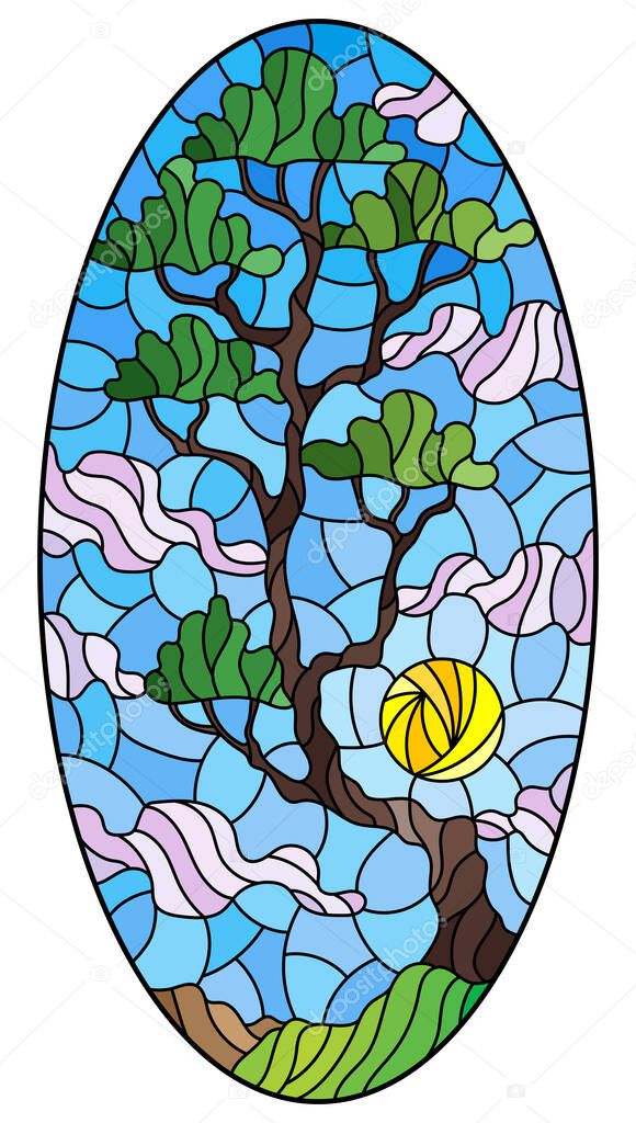 Illustration in stained glass style with green tree on sky background and sun, oval image
