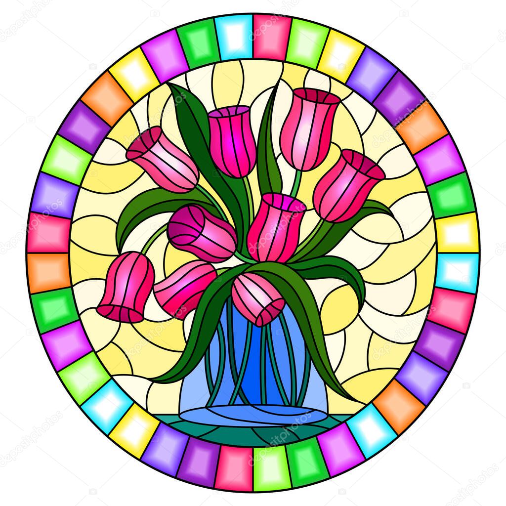 Illustration in stained glass style with still life, bouquet of pink Tulips in a glass jar on a yellow background,oval image in bright frame