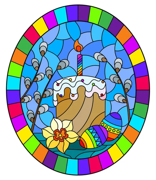 Ilustrace Stylu Barevného Skla Velikonočními Zátiší Koláčky Velikonočními Vejci Pozadí — Stockový vektor