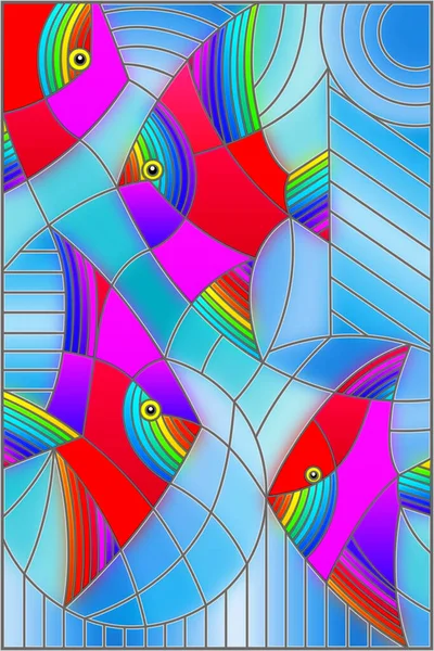Illustration Glasmalereistil Mit Leuchtend Abstrakten Fischen Auf Einem Geometrischen Blauen — Stockvektor