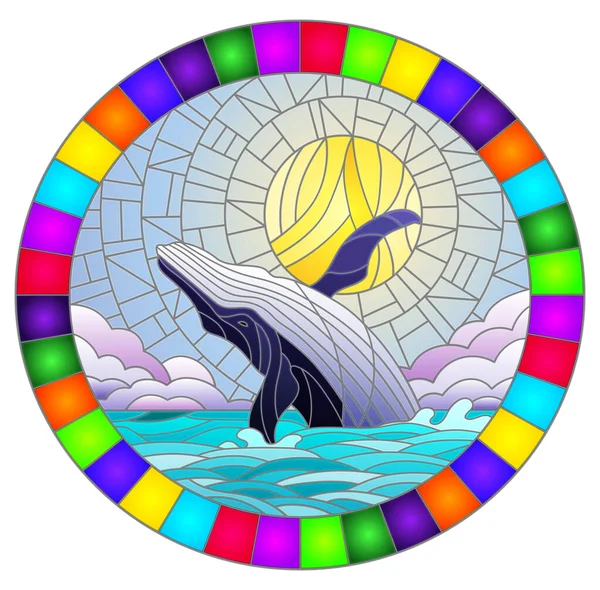 Illustration Vitrail Avec Une Baleine Sur Fond Eau Nuage Ciel — Image vectorielle