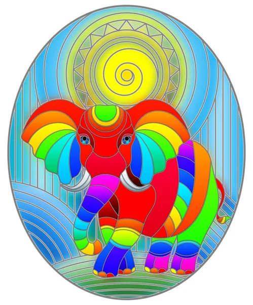 Ilustración Estilo Vitral Con Divertido Elefante Arco Iris Sol Sobre — Vector de stock