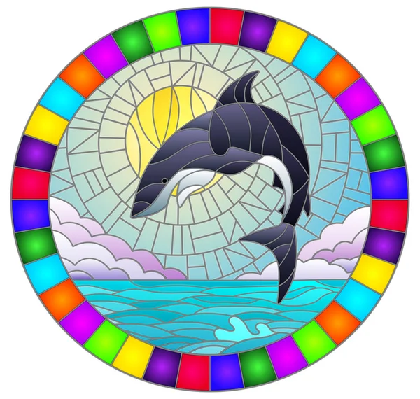 Vitray Stili Arka Planda Bir Köpekbalığı Ile Çizimde Bulut Gökyüzü — Stok Vektör