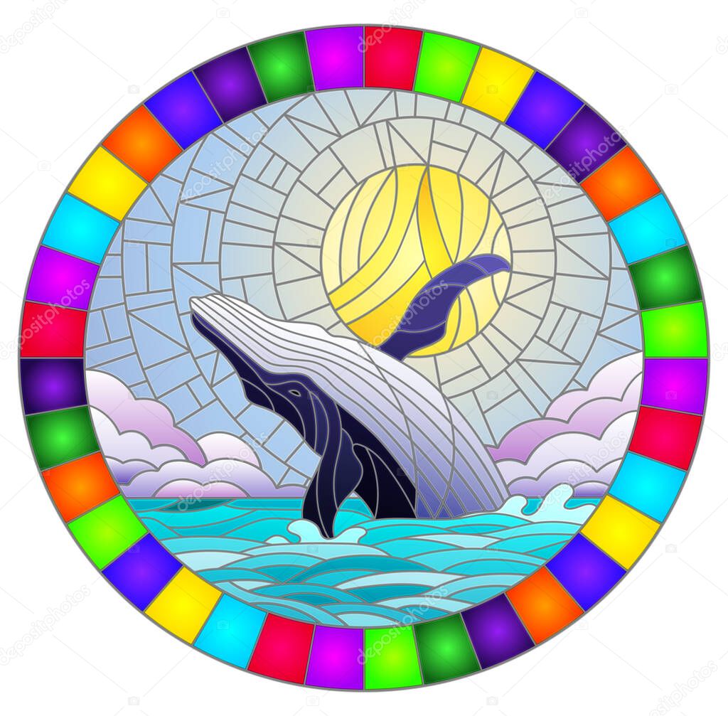 Illustration in stained glass style with a whale on the background of water ,cloud, sky and sun, oval image 