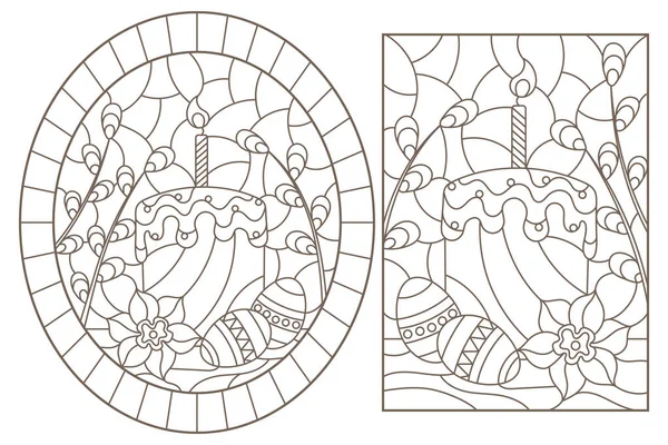 Zestaw Ilustracji Konturu Witraży Święta Wielkanocne Martwa Natura Ciastami Jajami — Wektor stockowy