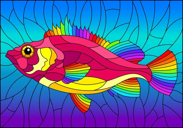 Ilustración Estilo Vitral Con Peces Brillantes Abstractos Sobre Fondo Azul — Vector de stock