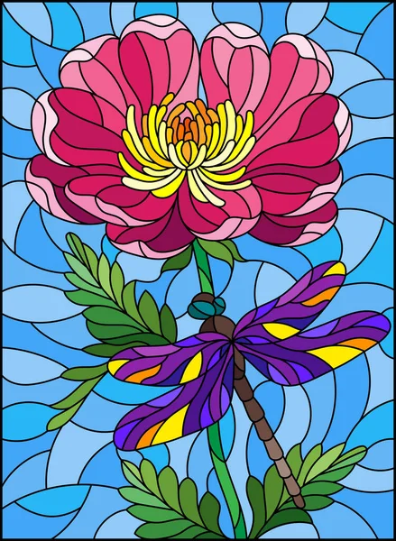 Illustration Verre Teinté Avec Une Belle Fleur Rose Une Libellule — Image vectorielle
