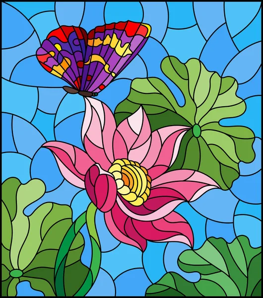 Εικονογράφηση Βιτρό Στυλ Λουλούδια Μπουμπούκια Και Φύλλα Ενός Ροζ Lotus — Διανυσματικό Αρχείο