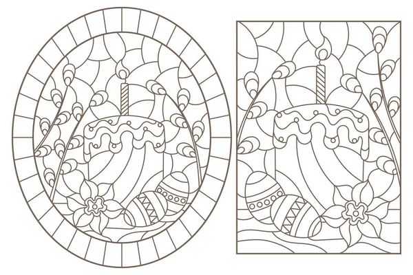 Set Contour Illustrations Stained Glass Windows Easter Holiday Still Life Stock Vector
