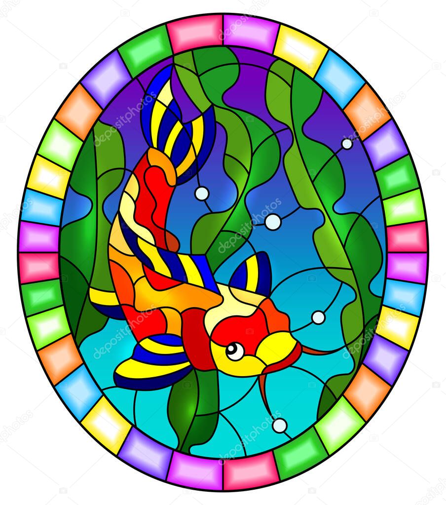Illustration in stained glass style with a  fish carp koi  on the background of water and algae, oval image in bright frame