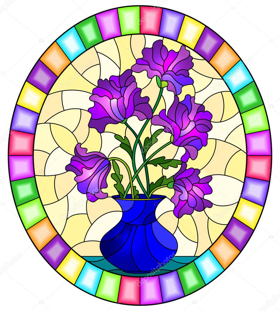 Illustration in stained glass style with bouquets of purple flowers in a blue vase  on table on a yellow background, oval image in bright frame
