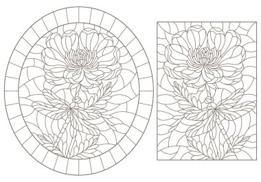 Çiçekler ve yusufçuklar ile boyalı cam stili çizimler, beyaz arka planda koyu çizgiler.